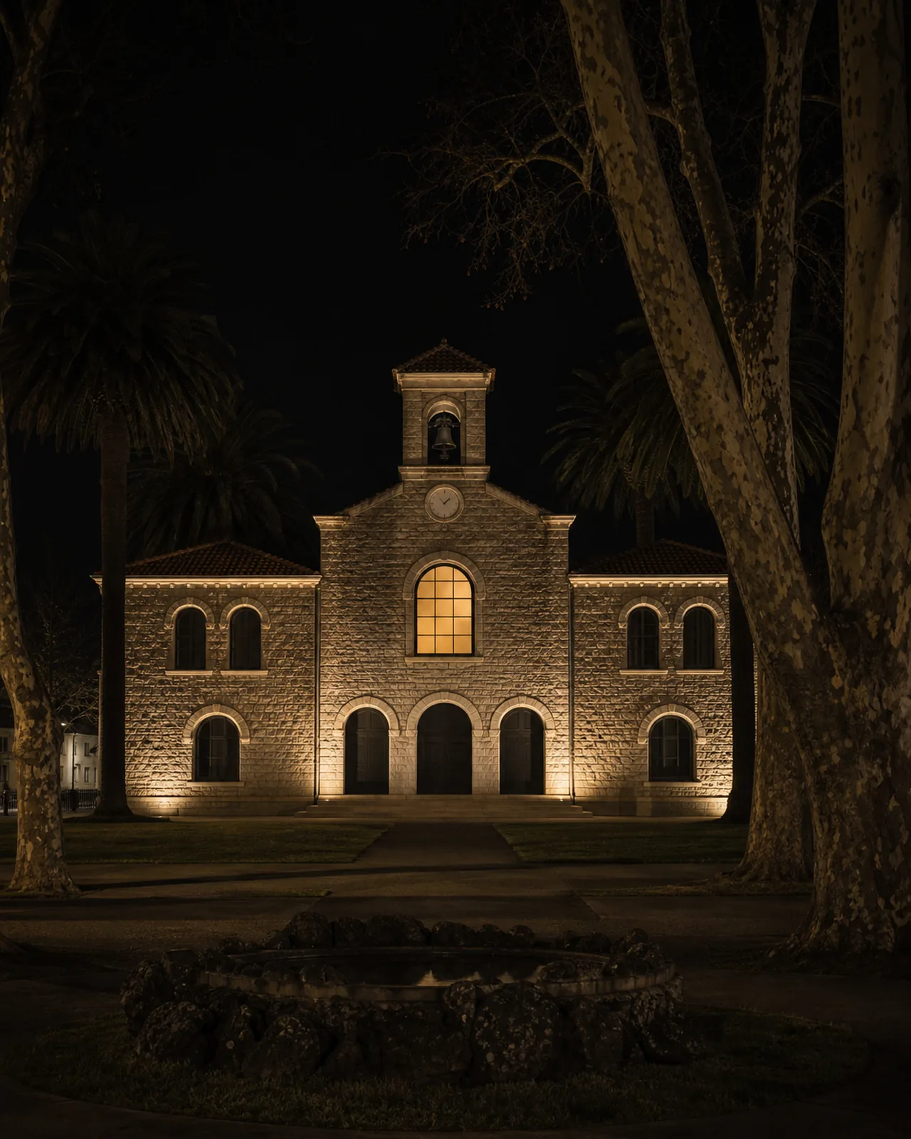 Sonoma City Hall framed by trees and a low stone fountain in Sonoma Plaza at dusk.