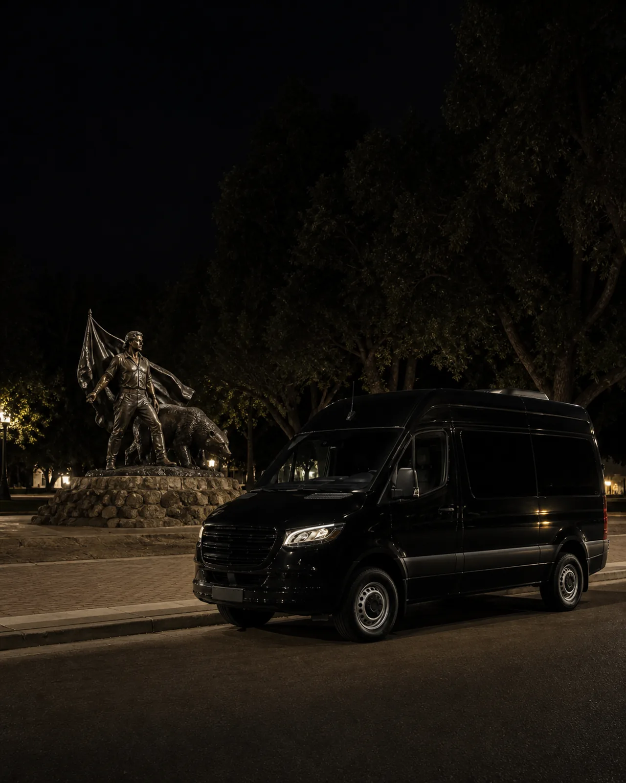 A black Mercedes-Benz Sprinter van beside the Bear Flag Revolt Monument under the trees in Sonoma Plaza.