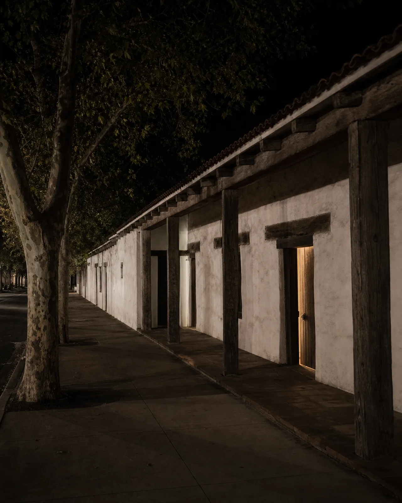 A quiet East Spain Street beside low adobe buildings and mature trees near Sonoma Plaza at dusk.