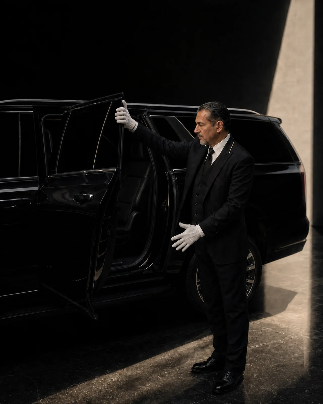 A chauffeur in a three-piece suit and white gloves opens the rear door of a black Cadillac Escalade ESV in dramatic side light.