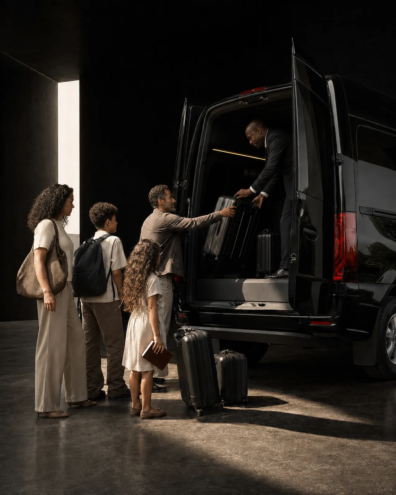 A family with rolling suitcases watches a driver load luggage into a black Mercedes-Benz Sprinter van.