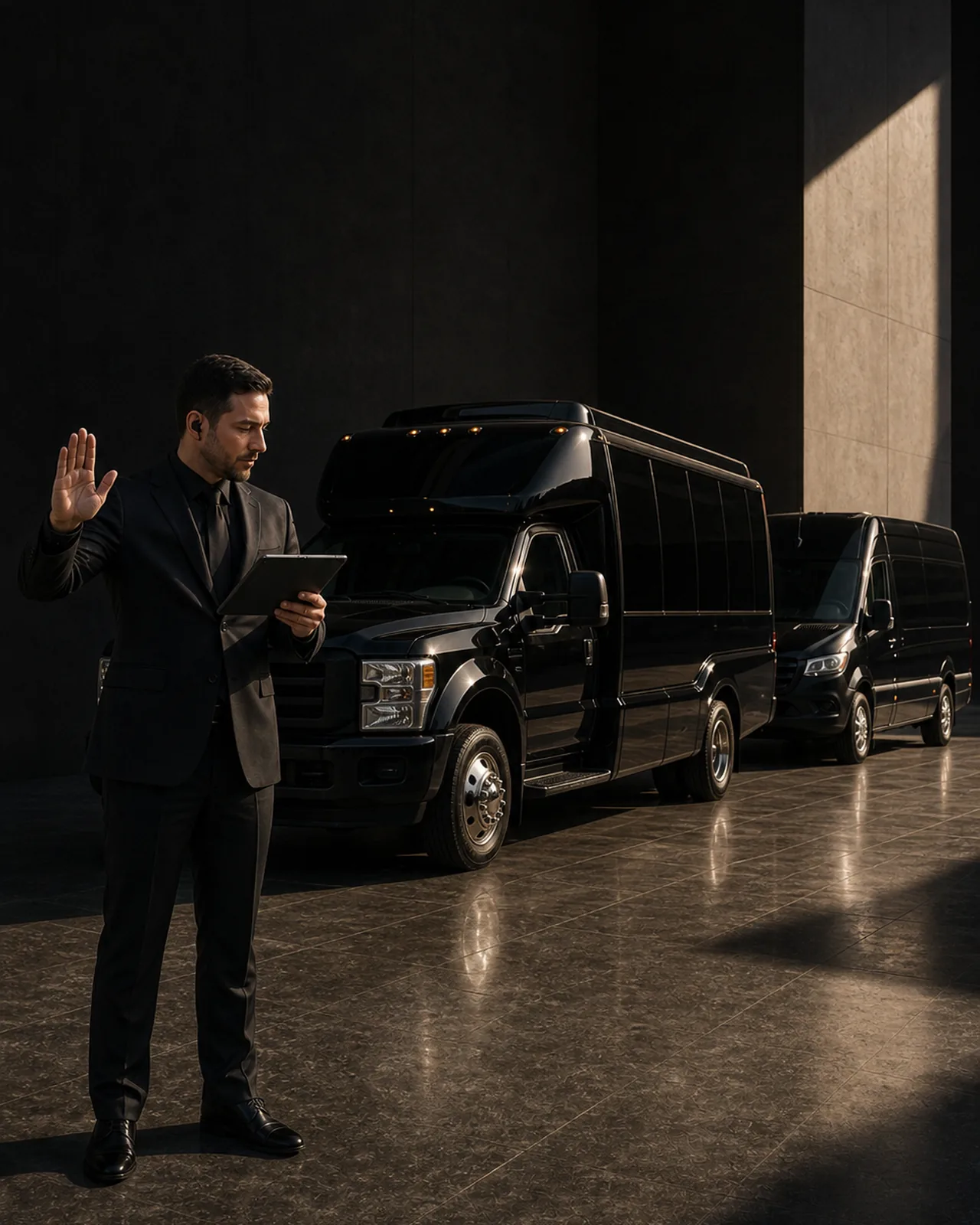 A coordinator in a dark suit raises a hand while holding a tablet, with a mini-coach and a Mercedes-Benz Sprinter van behind him.