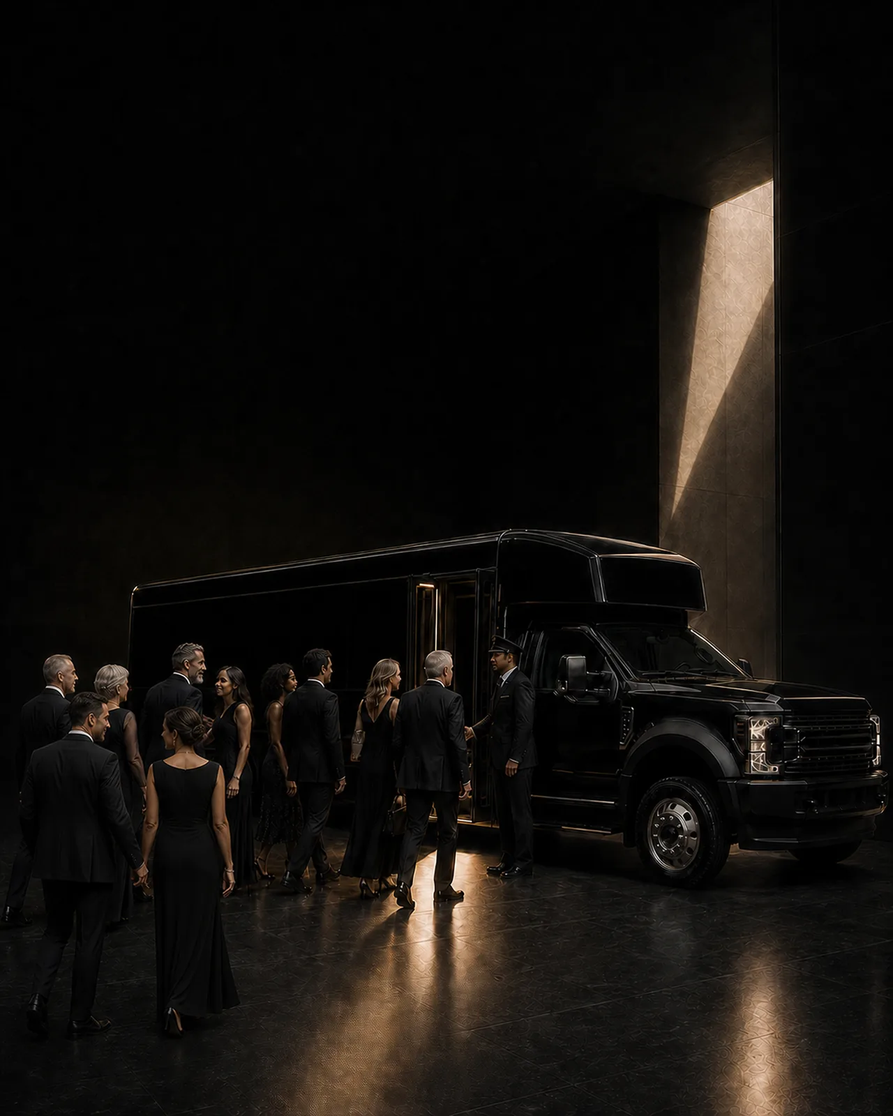 Guests in evening wear board a black Ford F-550 mini-coach at night, a uniformed driver holding the door open.