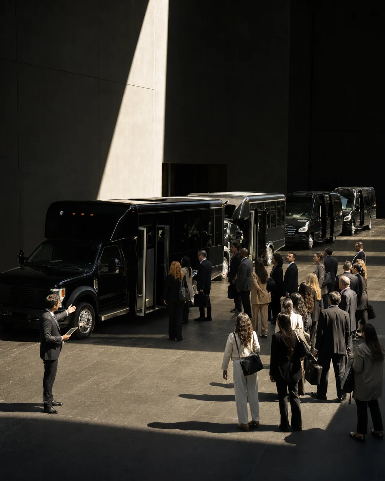 A large group of conference attendees queues to board black Ford mini-coaches and Mercedes-Benz Sprinter vans in a sunlit plaza between dark walls.