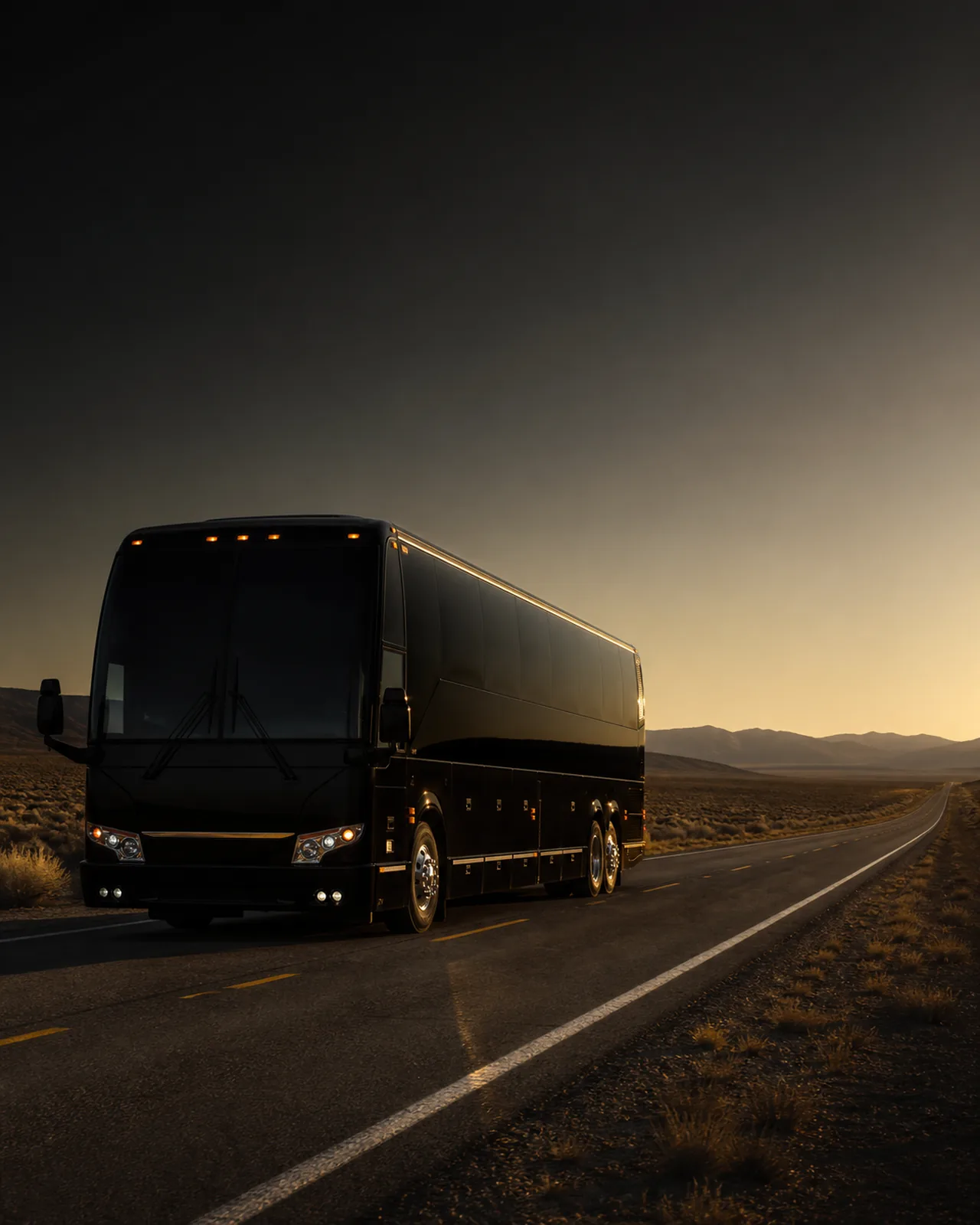 A black motorcoach travels an empty two-lane highway through a desert valley at sunset, mountains silhouetted in the distance.