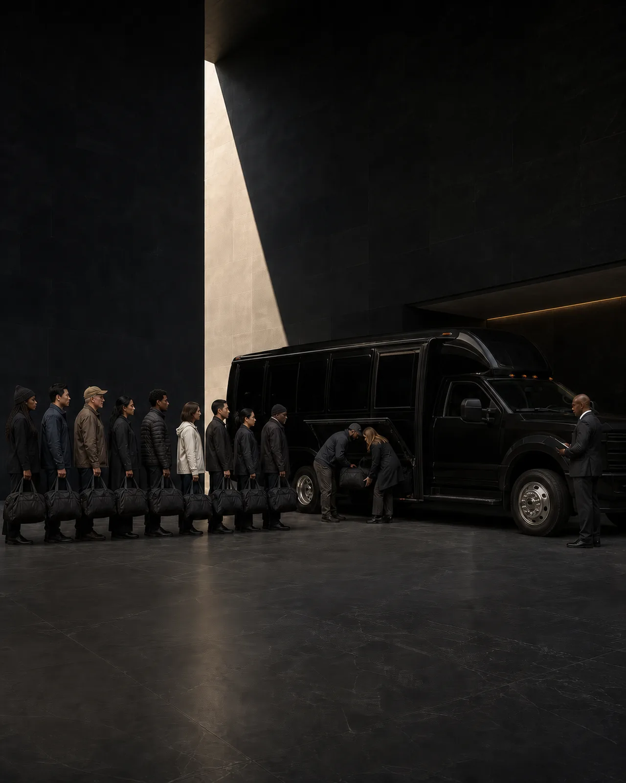 People with duffel bags line up in a dark, minimalist hall lit by a narrow shaft of light, boarding a black Ford mini-coach as staff load bags.