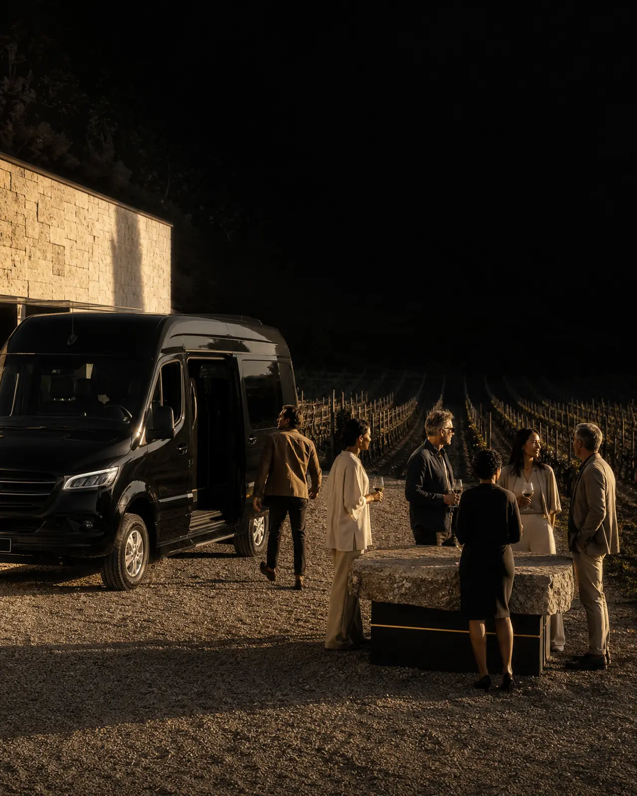 A black Mercedes-Benz Sprinter van beside a stone winery building at golden hour, with a small group holding wine glasses near vineyard rows.